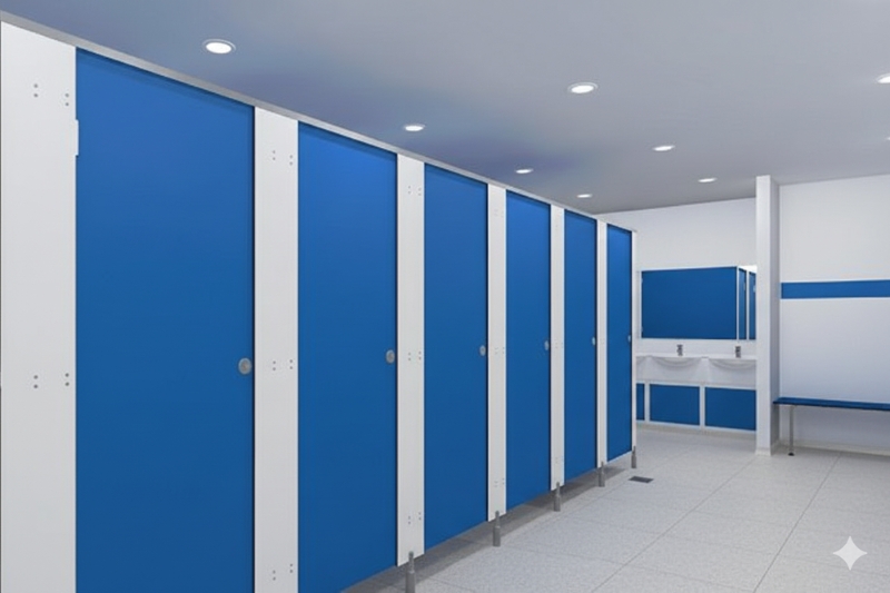 bảo dưỡng vách ngăn vệ sinh compact hpl màu xanh trong khu vệ sinh trường học