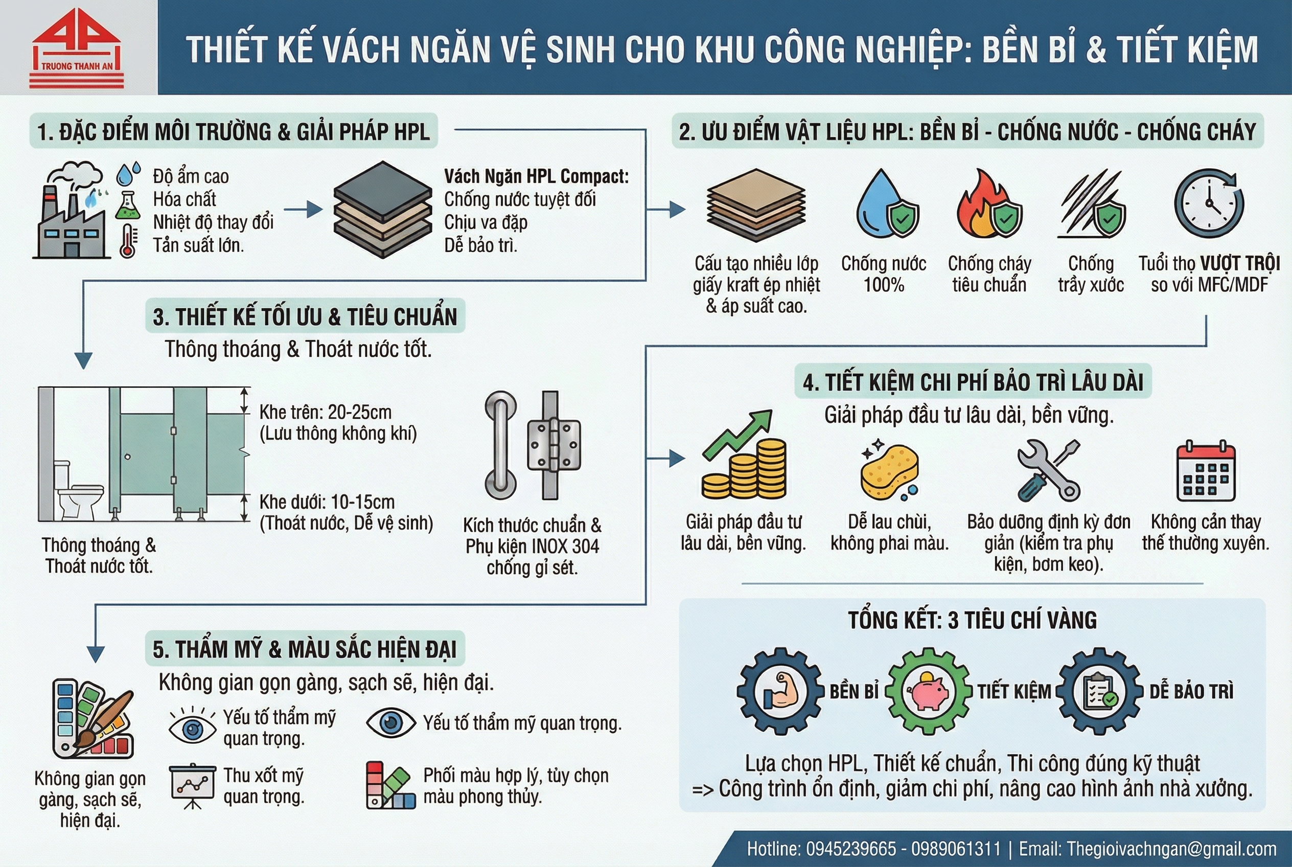 Infographic tổng quan về thiết kế vách ngăn vệ sinh HPL cho khu công nghiệp của Trường Thành An, nhấn mạnh đặc tính bền bỉ, chống nước, chống cháy và tiết kiệm chi phí bảo trì.