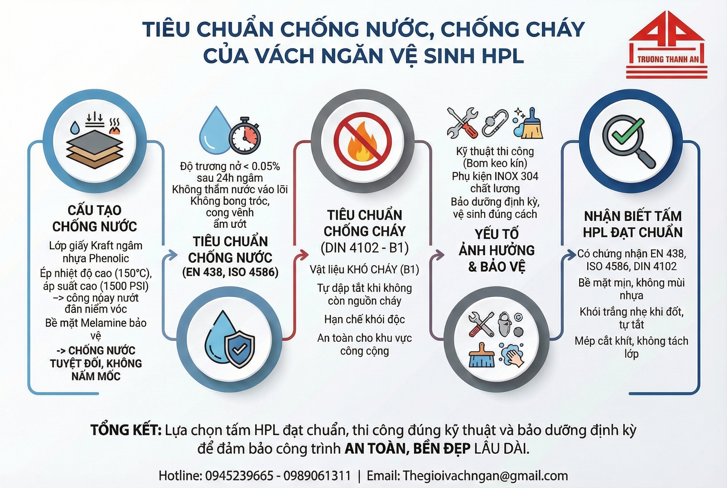 Infographic chi tiết về tiêu chuẩn chống nước (EN 438, ISO 4586) và chống cháy (DIN 4102 - B1) của vách ngăn vệ sinh HPL, bao gồm cấu tạo, các yếu tố ảnh hưởng và cách nhận biết tấm HPL đạt chuẩn của Trường Thành An.