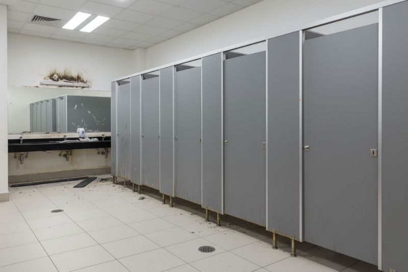Hiện trạng vách ngăn vệ sinh giá rẻ bị ẩm mốc, bám bẩn và hư hỏng nặng