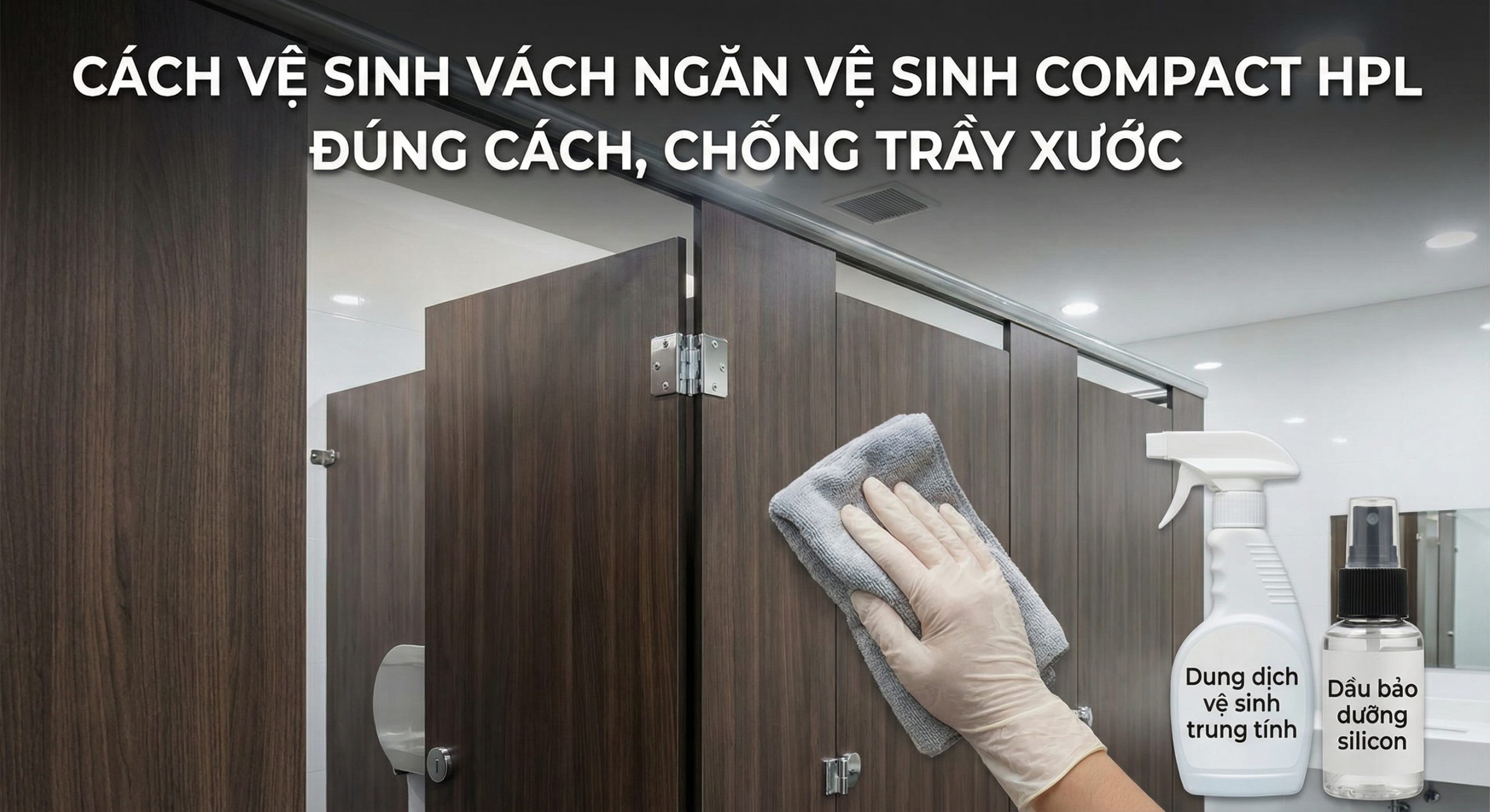 Hướng dẫn chi tiết cách vệ sinh vách ngăn vệ sinh Compact HPL đúng cách, sử dụng khăn mềm và dung dịch trung tính để chống trầy xước bề mặt.