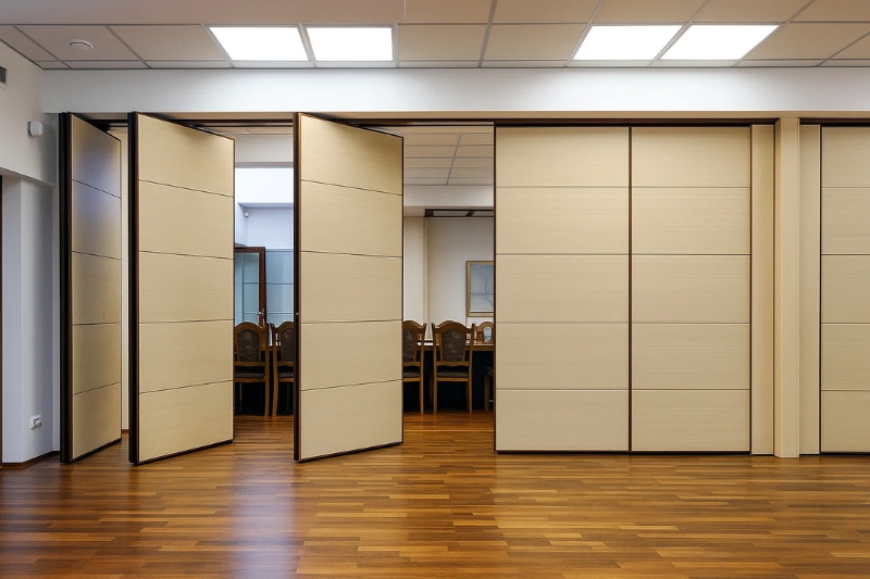 cấu tạo vách ngăn di động gồm khung nhôm, lõi panel, hệ ray treo và bánh xe trượt
