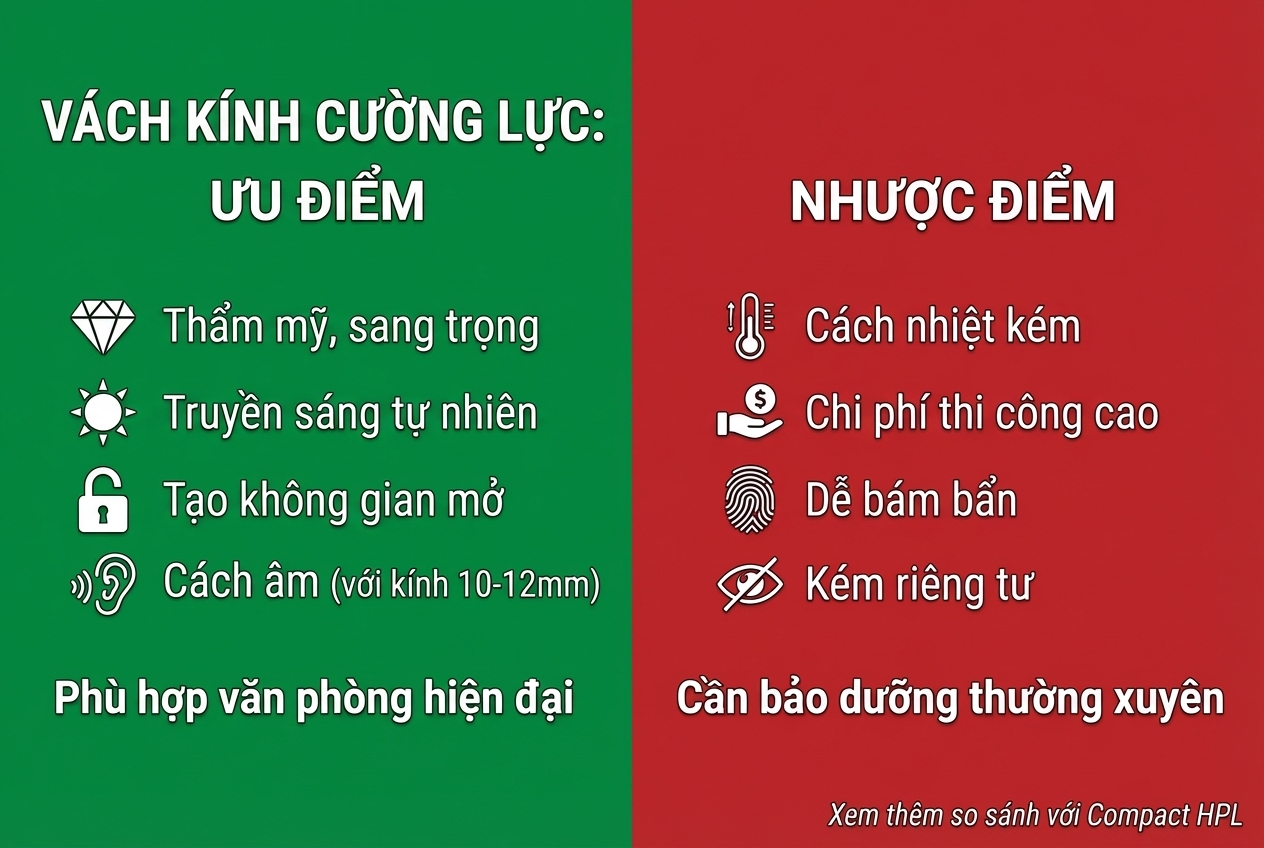 Infographic so sánh chi tiết Ưu điểm và Nhược điểm của vách kính cường lực văn phòng. Phần Ưu điểm (màu xanh) gồm: thẩm mỹ sang trọng, truyền sáng tự nhiên, tạo không gian mở, cách âm tốt. Phần Nhược điểm (màu đỏ) gồm: cách nhiệt kém, chi phí thi công cao, dễ bám bẩn, kém riêng tư và cần bảo dưỡng thường xuyên.