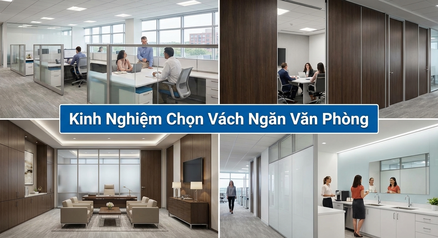Ảnh ghép minh họa kinh nghiệm chọn vách ngăn HPL cho văn phòng. Tiêu đề chính: "KINH NGHIỆM CHỌN VÁCH NGĂN HPL CHO VĂN PHÒNG - Giải pháp thi công chuyên nghiệp từ Trường Thành An". Bốn hình ảnh nhỏ mô tả ứng dụng cụ thể: vách HPL kết hợp kính ở khu làm việc chung, vách ngăn di động HPL vân gỗ tại phòng họp, vách ốp HPL vân đá và kính mờ trong phòng giám đốc, và vách Compact HPL chống ẩm cho pantry.