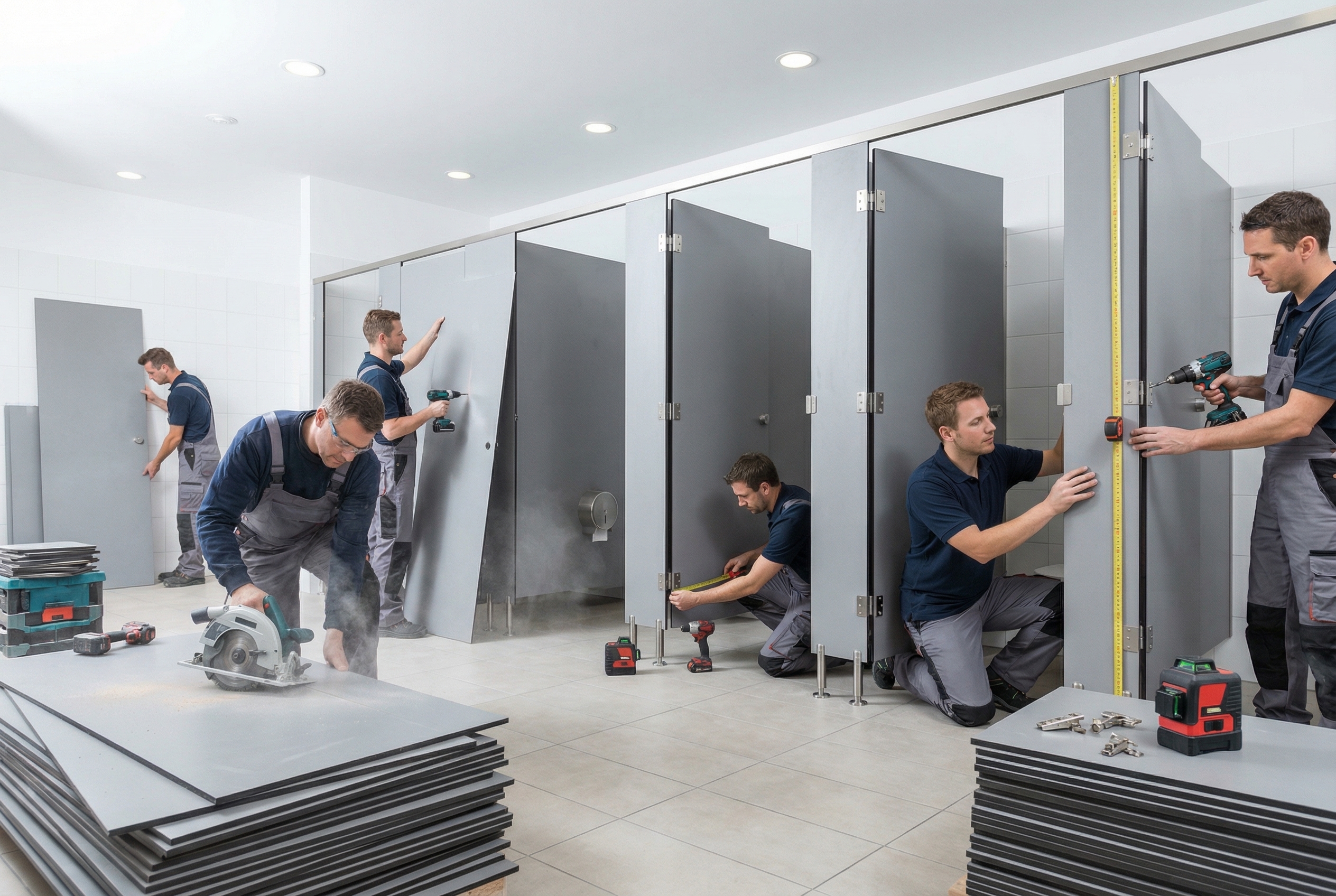 Hình ảnh thực tế một đội ngũ kỹ thuật viên chuyên nghiệp đang sử dụng máy cắt, máy khoan và cân bằng laser để lắp đặt hệ thống vách ngăn vệ sinh tấm compact màu xám tại công trình.