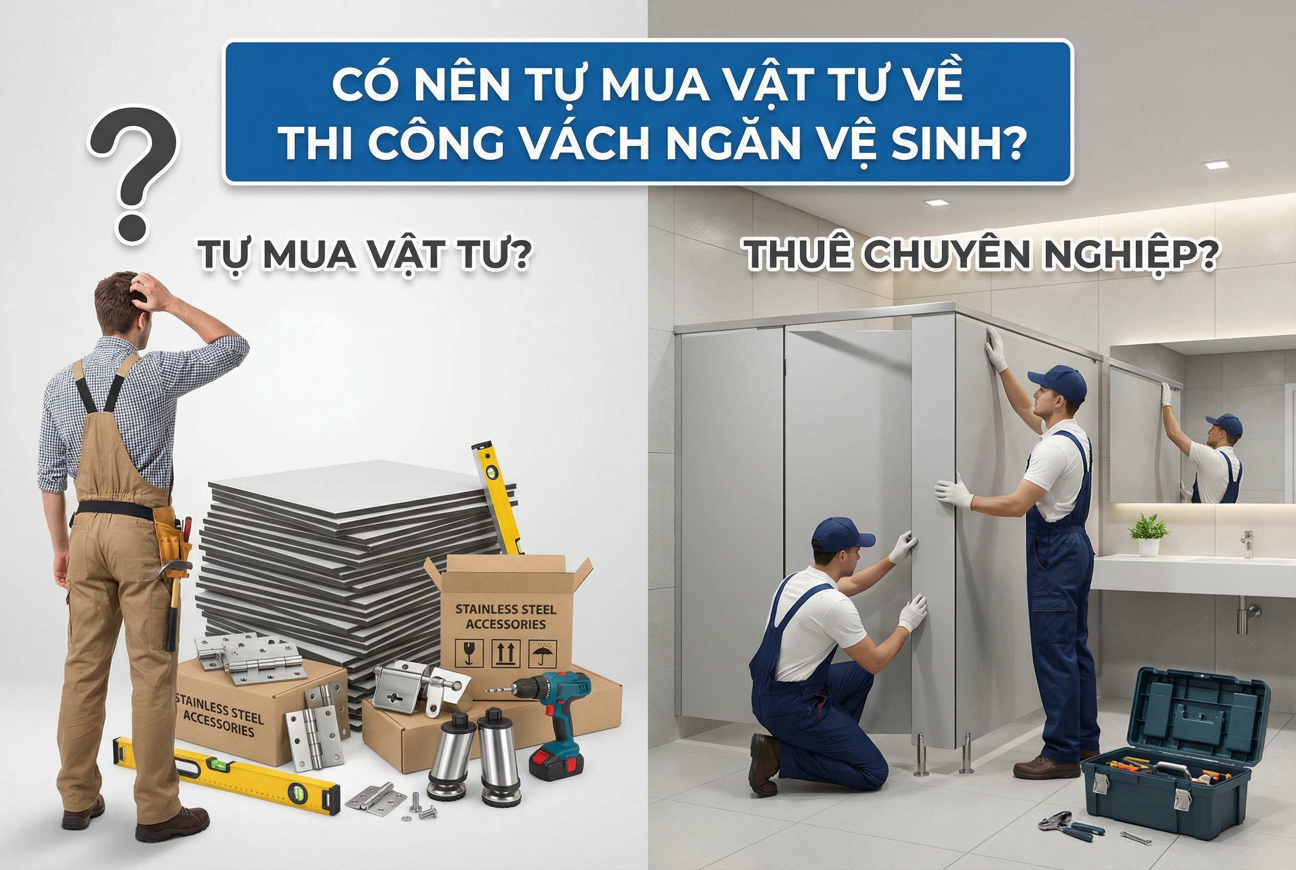 Infographic so sánh sự khác biệt giữa "Tự mua vật tư" với hình ảnh người đàn ông bối rối bên đống tấm compact, phụ kiện inox, và "Thuê chuyên nghiệp" với hình ảnh đội ngũ thợ đang lắp đặt hoàn thiện vách ngăn vệ sinh.