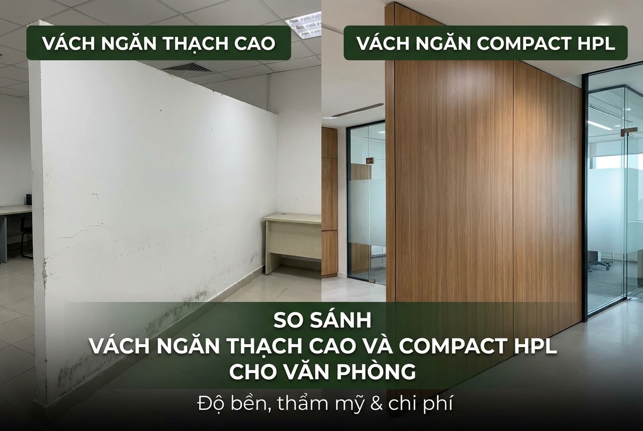 Hình ảnh so sánh trực quan: Bên trái là vách ngăn thạch cao cũ kỹ, bị ẩm mốc chân tường. Bên phải là vách ngăn Compact HPL vân gỗ hiện đại, sang trọng. Ảnh có chứa tiêu đề lớn "SO SÁNH VÁCH NGĂN THẠCH CAO VÀ COMPACT HPL CHO VĂN PHÒNG" và dòng phụ "Độ bền, thẩm mỹ & chi phí".