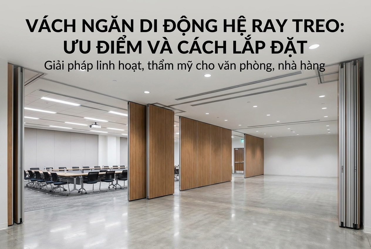 Không gian phòng họp hội nghị sang trọng sử dụng vách ngăn di động hệ ray treo âm trần. Các tấm vách kết hợp nỉ và gỗ đang được xếp gọn vào hốc tường, làm nổi bật sàn đá marble bóng loáng hoàn toàn không có ray dẫn hướng phía dưới.