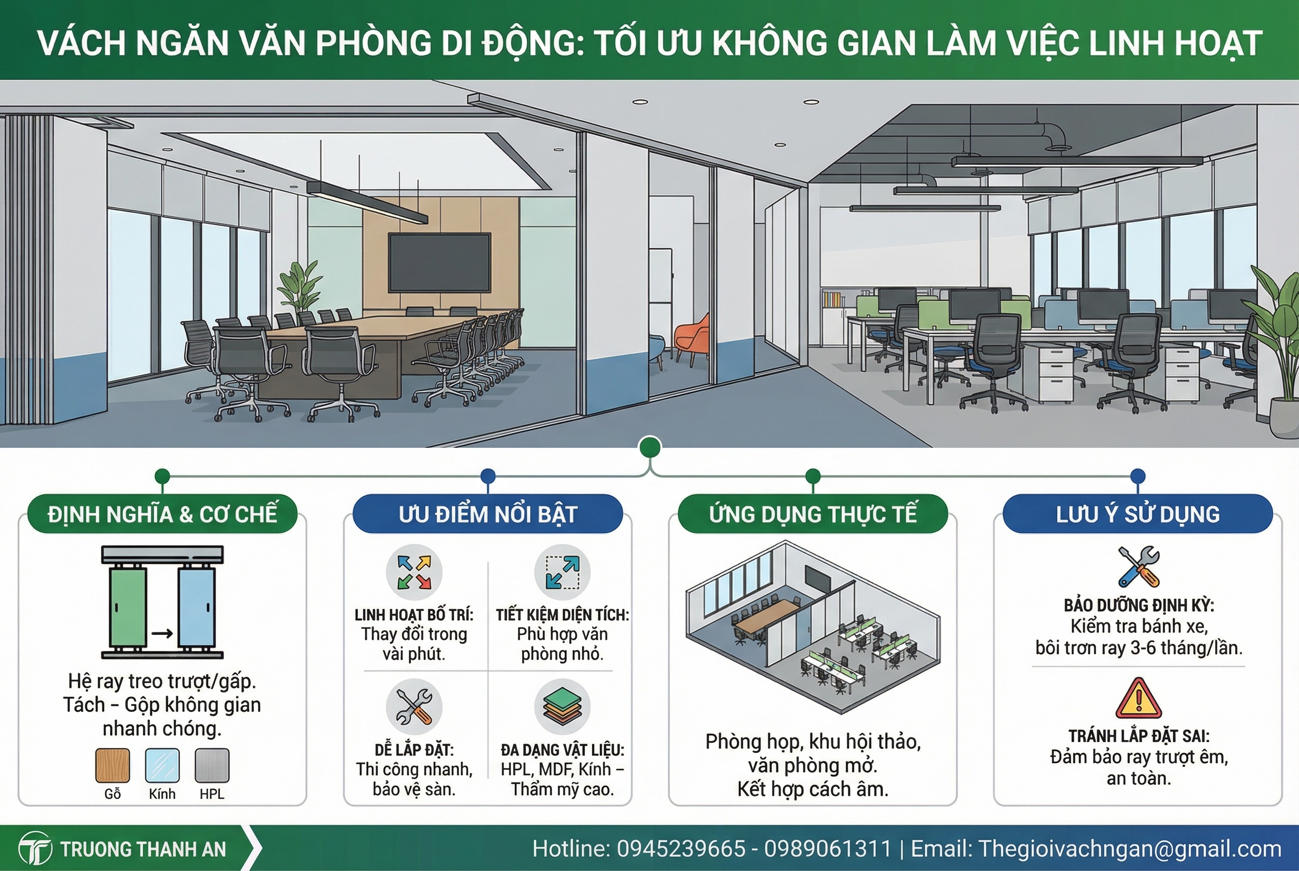Infographic vách ngăn văn phòng di động – nguyên lý, ưu điểm và ứng dụng thực tế trong không gian làm việc linh hoạt.